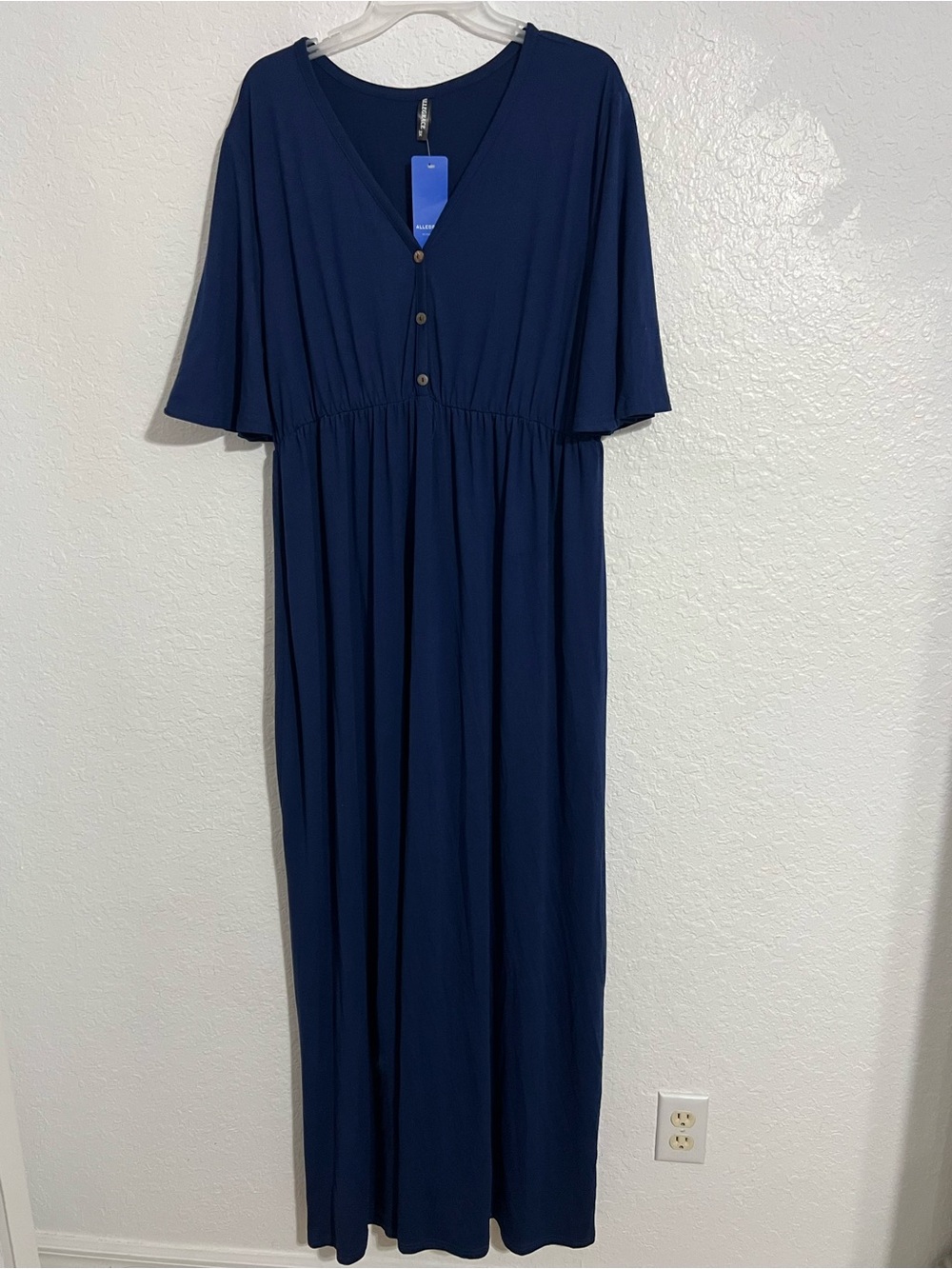 New Allegrace  Neck Blue Maxi Dress with Pockets Womens Size 3X Short Sleeve 700